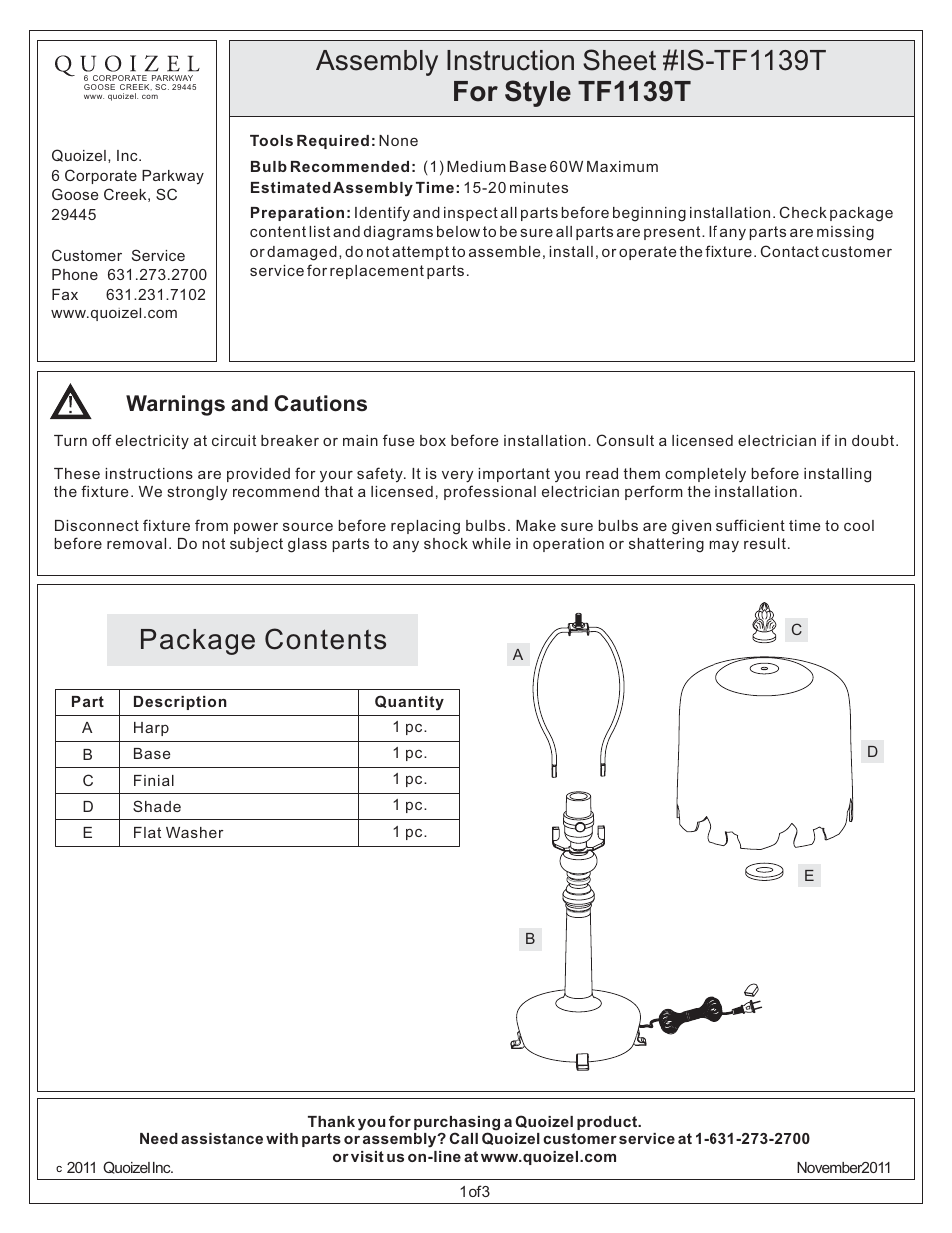 Quoizel TF1139T Tiffany User Manual | 3 pages