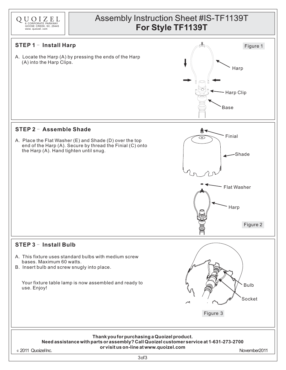 Quoizel TF1139T Tiffany User Manual | Page 3 / 3