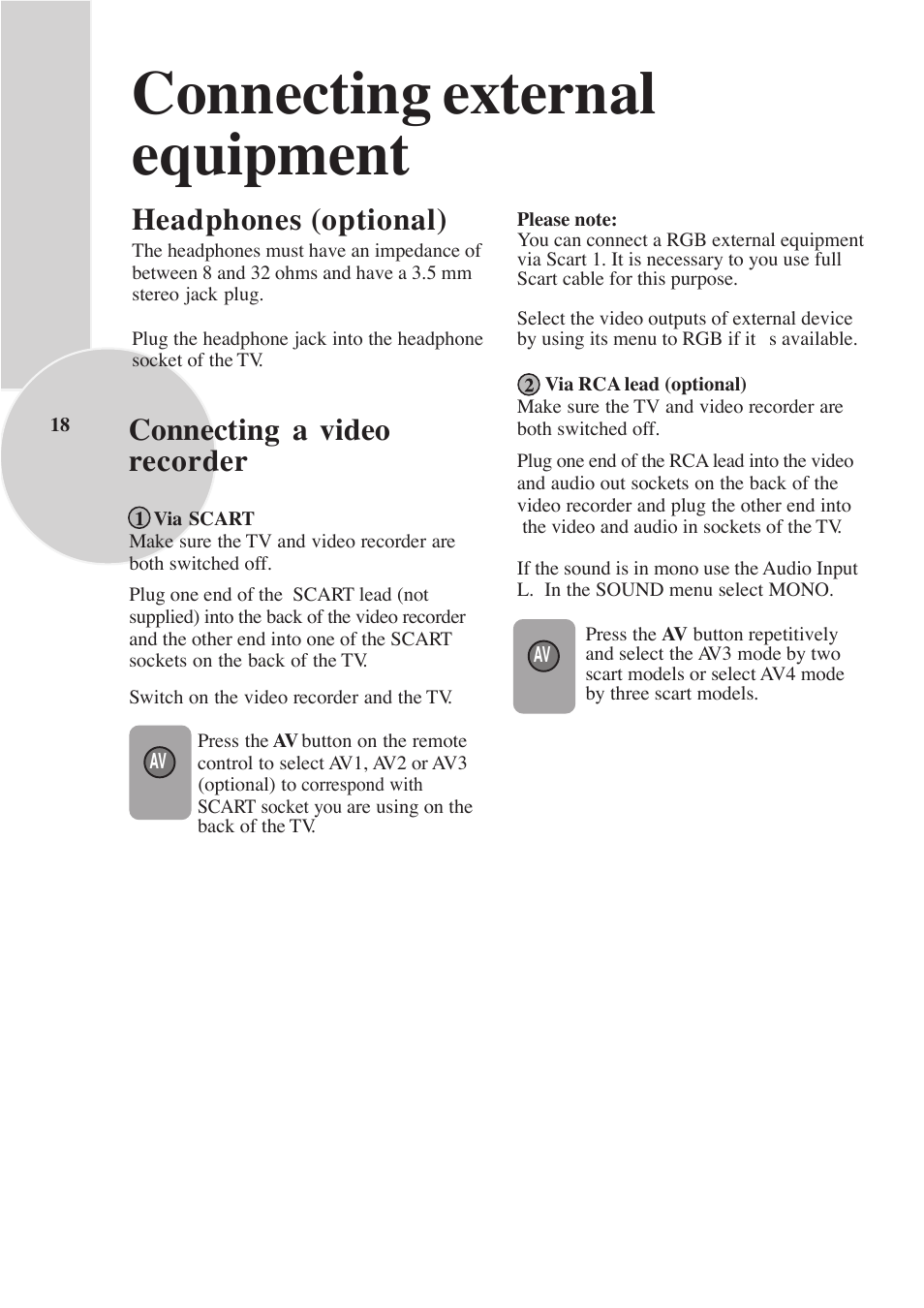Connecting external equipment, Headphones (optional), Connecting a video recorder | Beko F-772 GRL User Manual | Page 18 / 24
