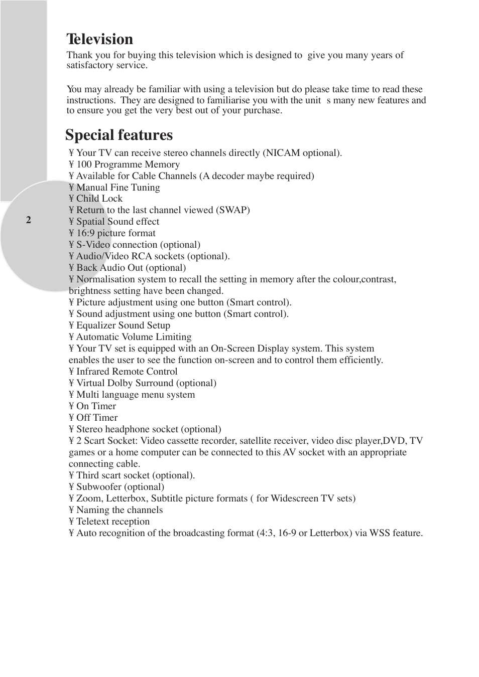 Television, Special features | Beko F-772 GRL User Manual | Page 2 / 24