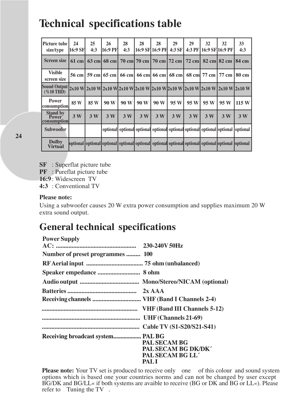 Technical specifications table, General technical specifications | Beko F-772 GRL User Manual | Page 24 / 24