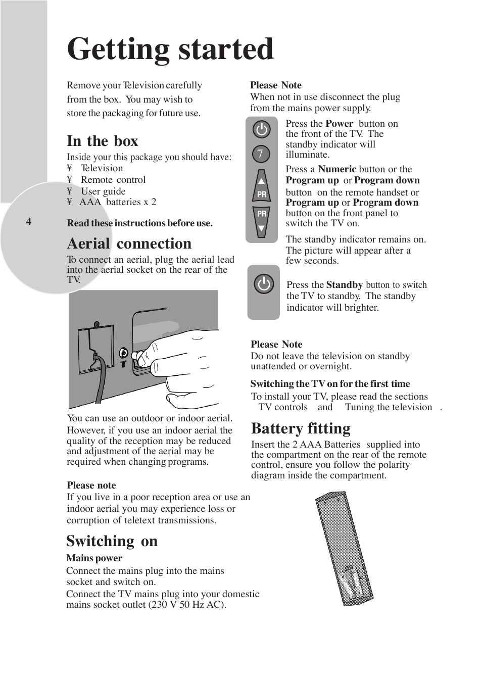 Getting started, Switching on, Battery fitting | Aerial connection | Beko F-772 GRL User Manual | Page 4 / 24