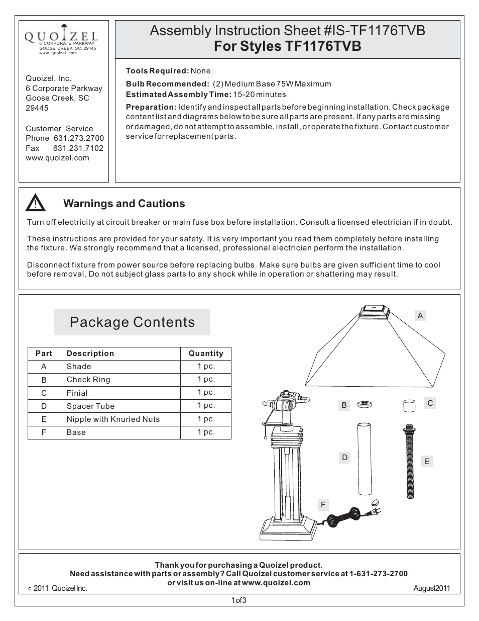 Quoizel TF1176TVB Tiffany User Manual | 3 pages