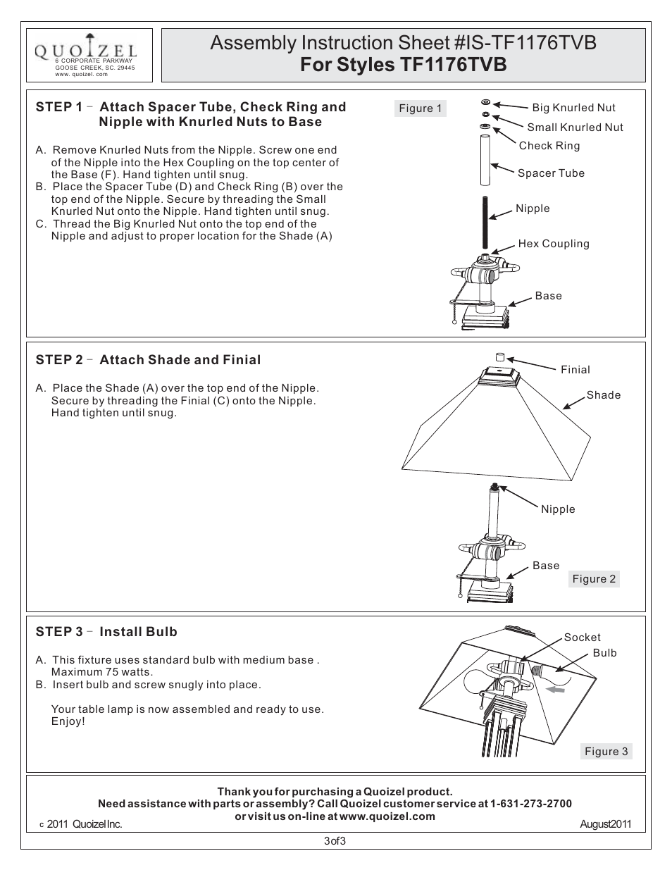 Quoizel TF1176TVB Tiffany User Manual | Page 3 / 3