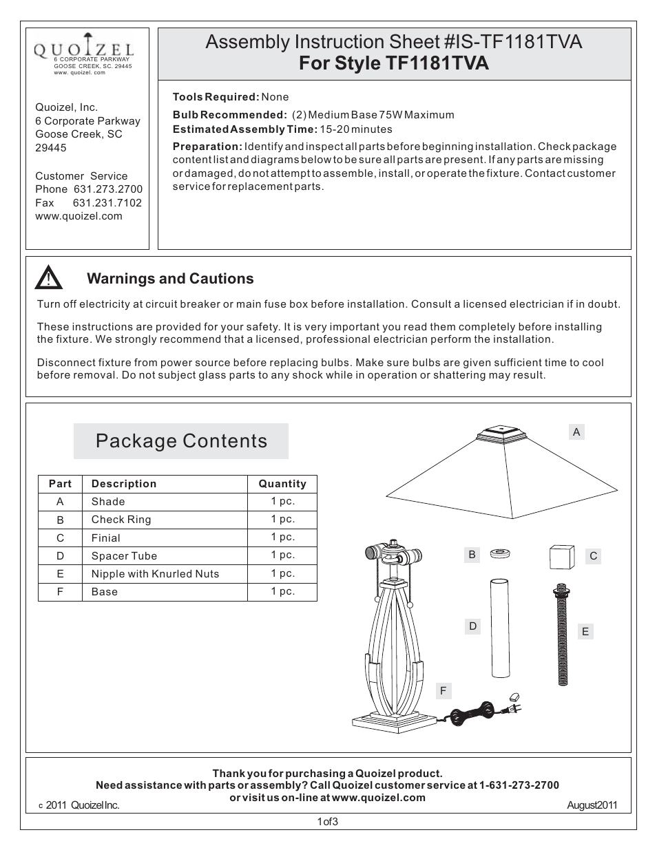 Quoizel TF1181TVA Tiffany User Manual | 3 pages