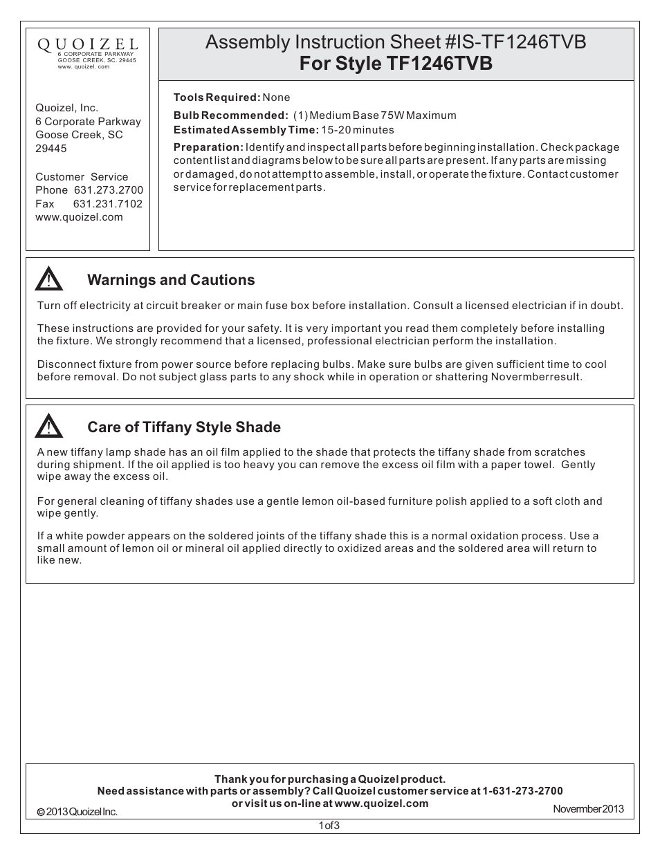 Quoizel TF1246TVB Tiffany User Manual | 3 pages