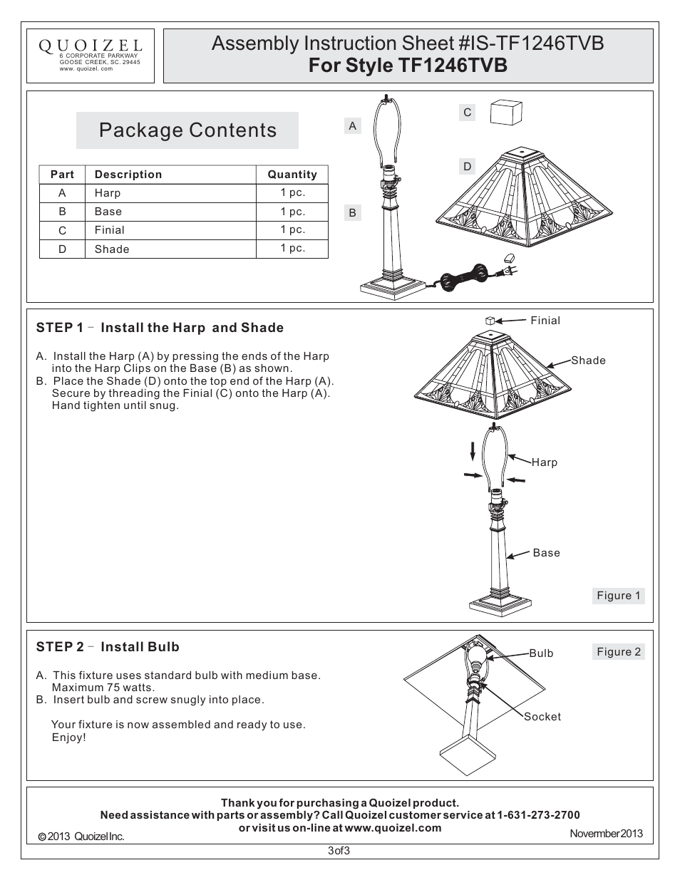 Package contents | Quoizel TF1246TVB Tiffany User Manual | Page 3 / 3