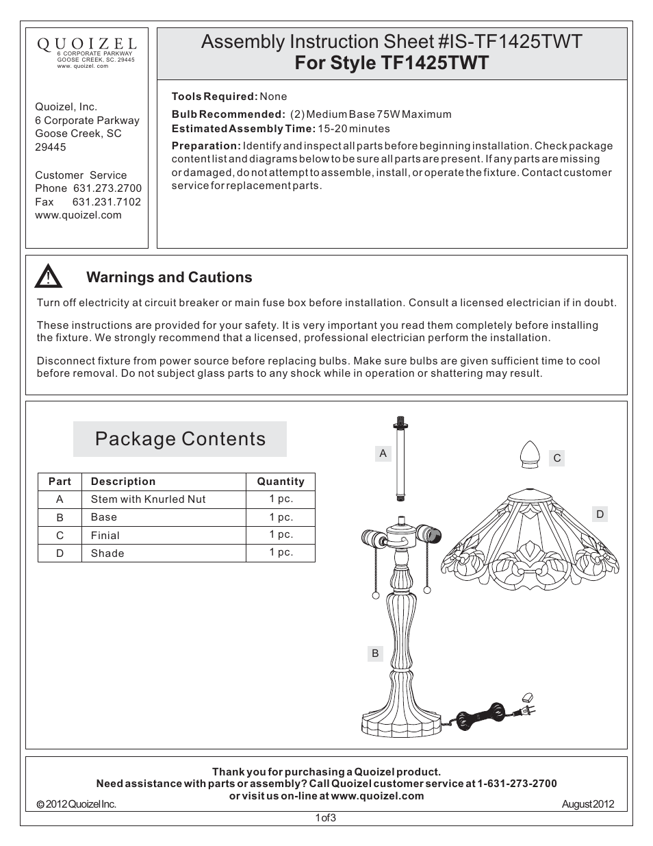 Quoizel TF1425TWT Tiffany User Manual | 3 pages