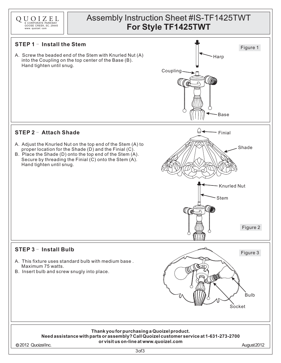 Quoizel TF1425TWT Tiffany User Manual | Page 3 / 3