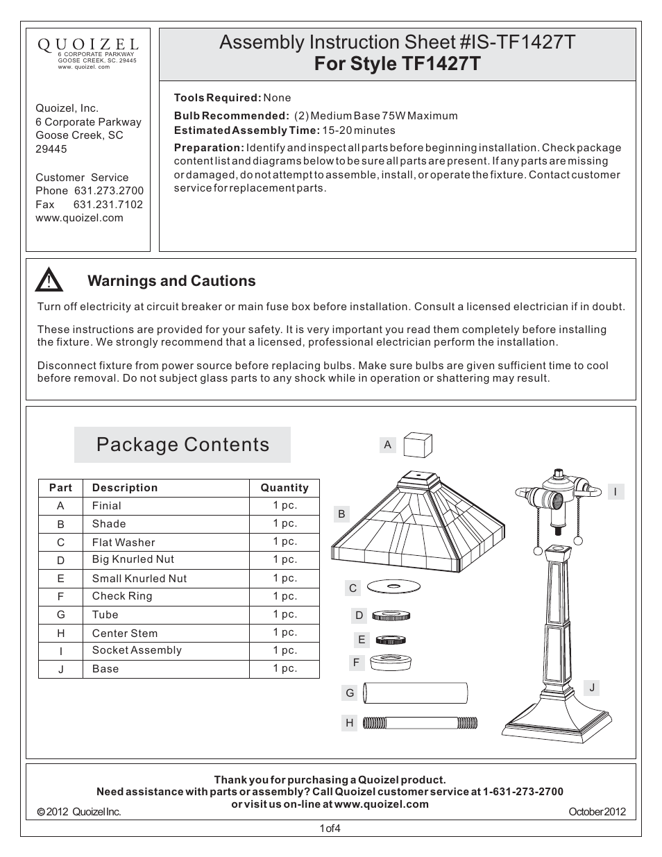 Quoizel TF1427T Tiffany User Manual | 4 pages