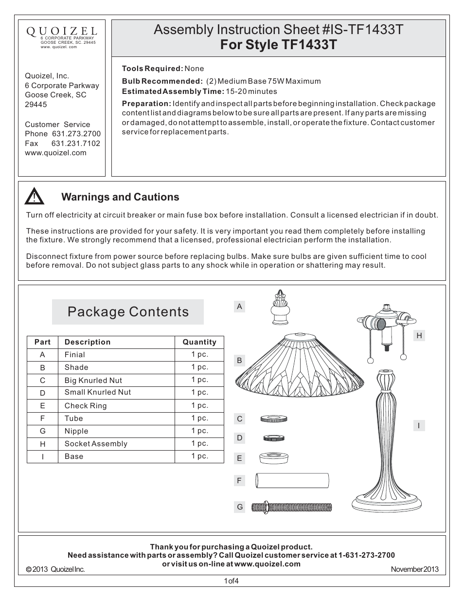 Quoizel TF1433T Tiffany User Manual | 4 pages