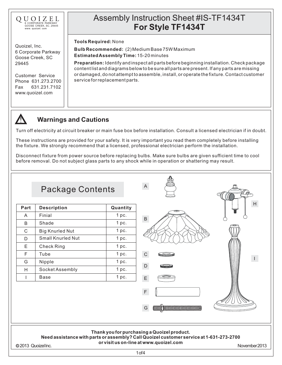 Quoizel TF1434T Tiffany User Manual | 4 pages