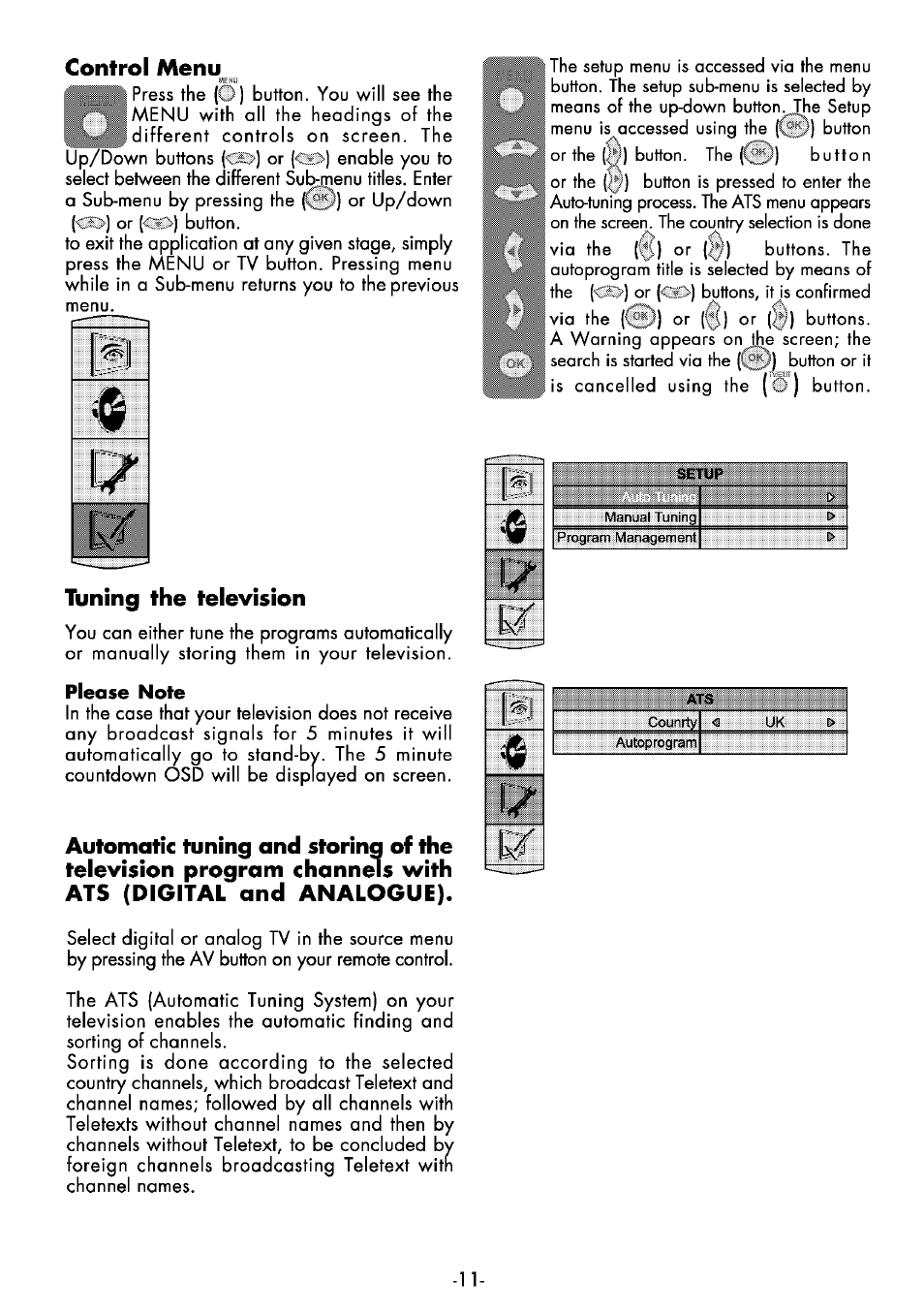 Control menu, Tuning the television | Beko 32WLA530HID User Manual | Page 11 / 36