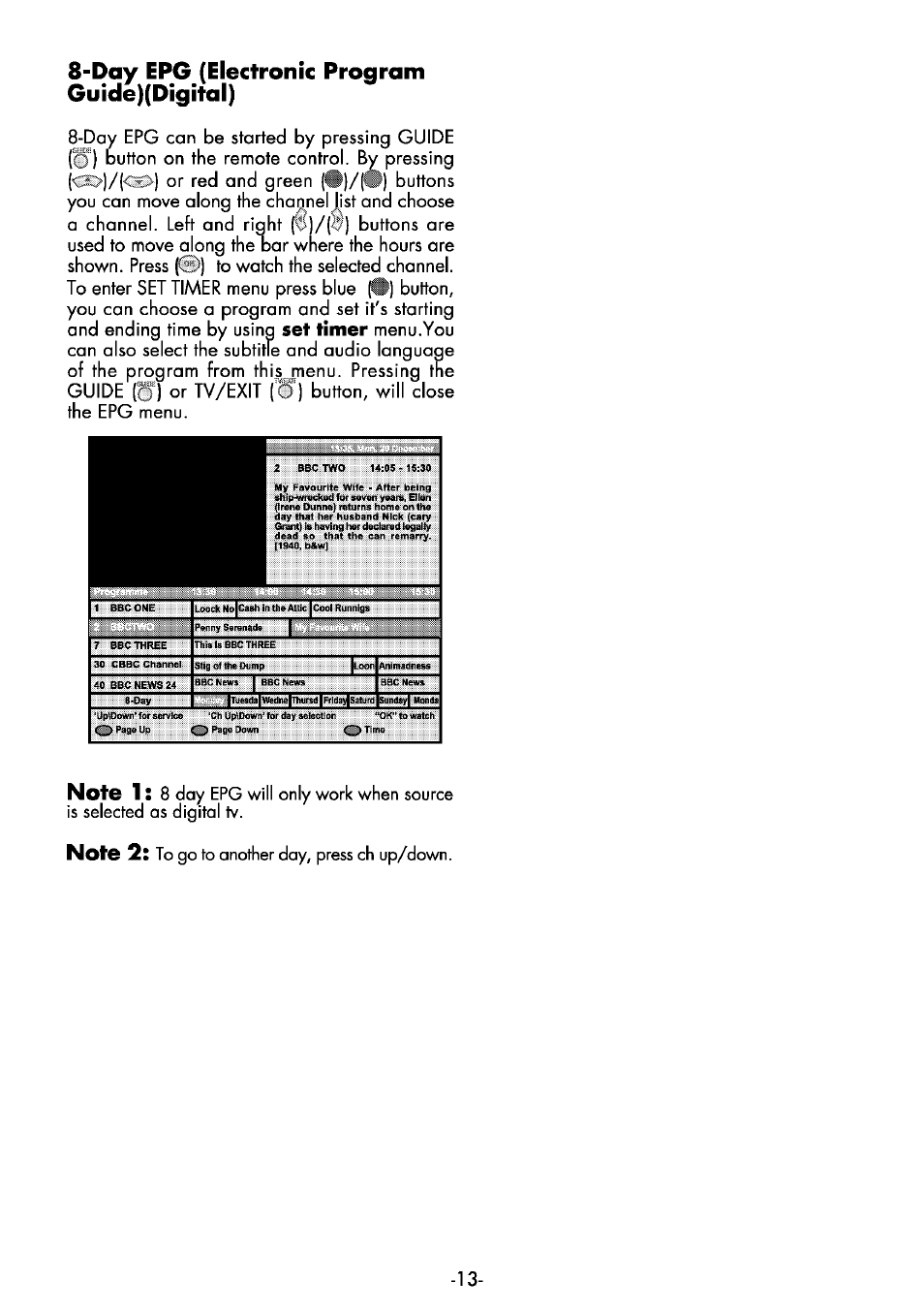 Day epg (electronic program guide)(digital), Set timer | Beko 32WLA530HID User Manual | Page 13 / 36