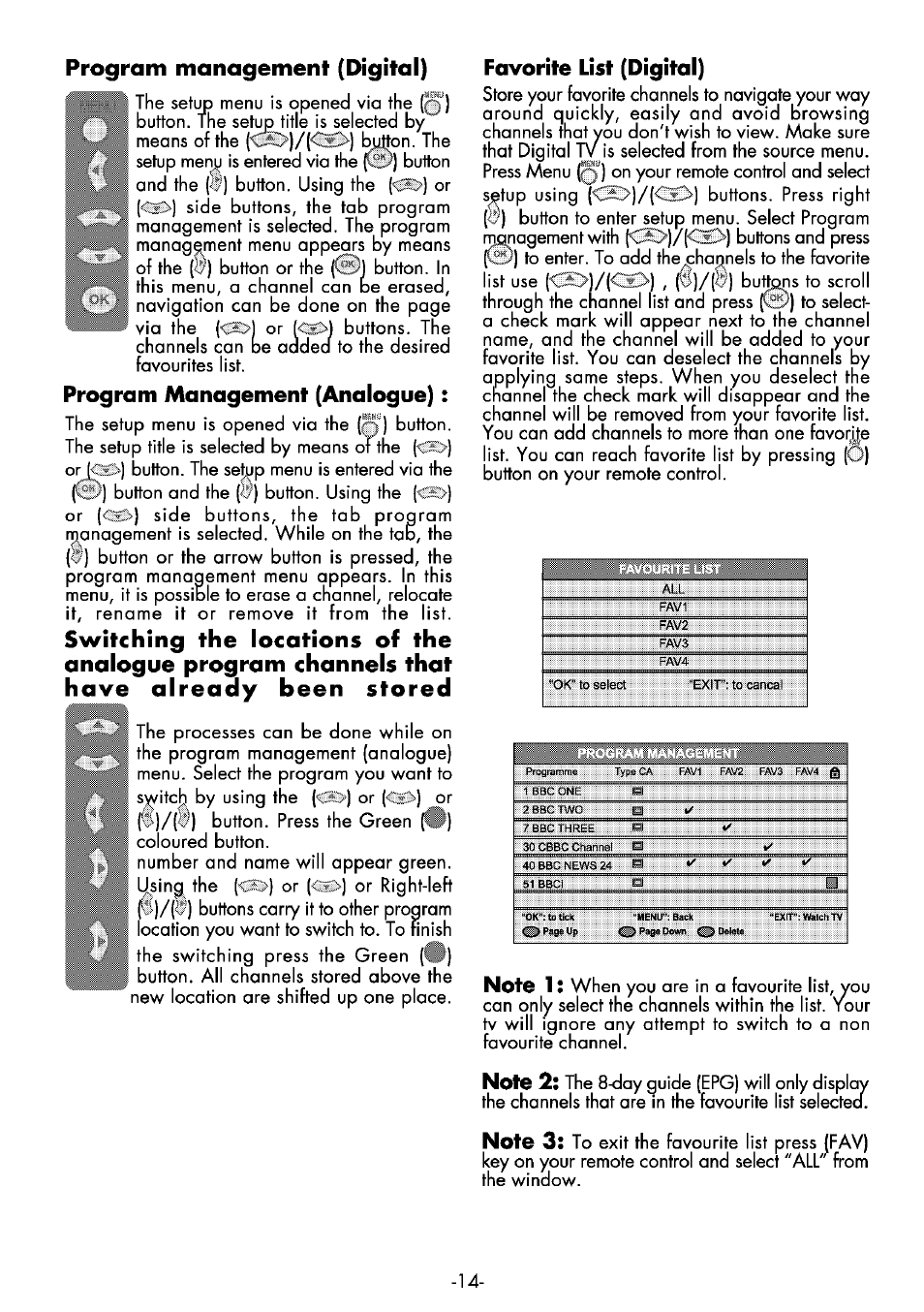 Program management (analogue), Program management (digital), Favorite list (digital) | Beko 32WLA530HID User Manual | Page 14 / 36