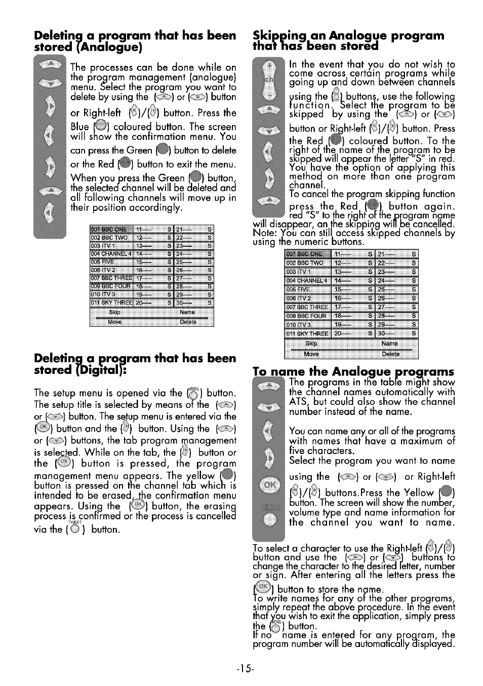 Deleting a program that has been stored (analogue), Skipping an analogue program that nas been stored, Deleting a program that has been stored digital) | Ta name the analague pragrams | Beko 32WLA530HID User Manual | Page 15 / 36