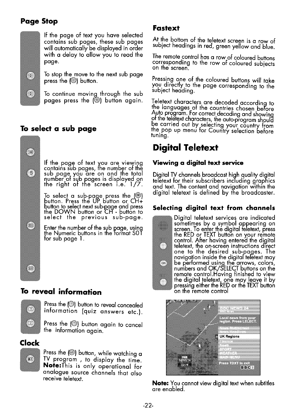 To reveal information, Clock, Fastext | Digital teletext, Page stop | Beko 32WLA530HID User Manual | Page 22 / 36