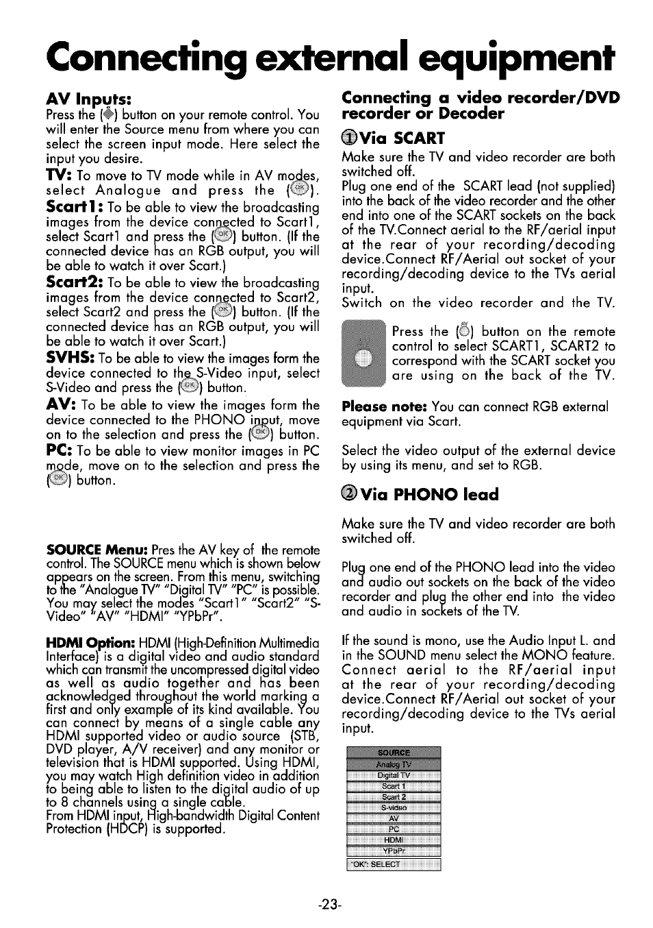 Av inputs, Io scart, Dvia phono lead | Connecting external equipment, Scarti, Scart2, Svhs | Beko 32WLA530HID User Manual | Page 23 / 36