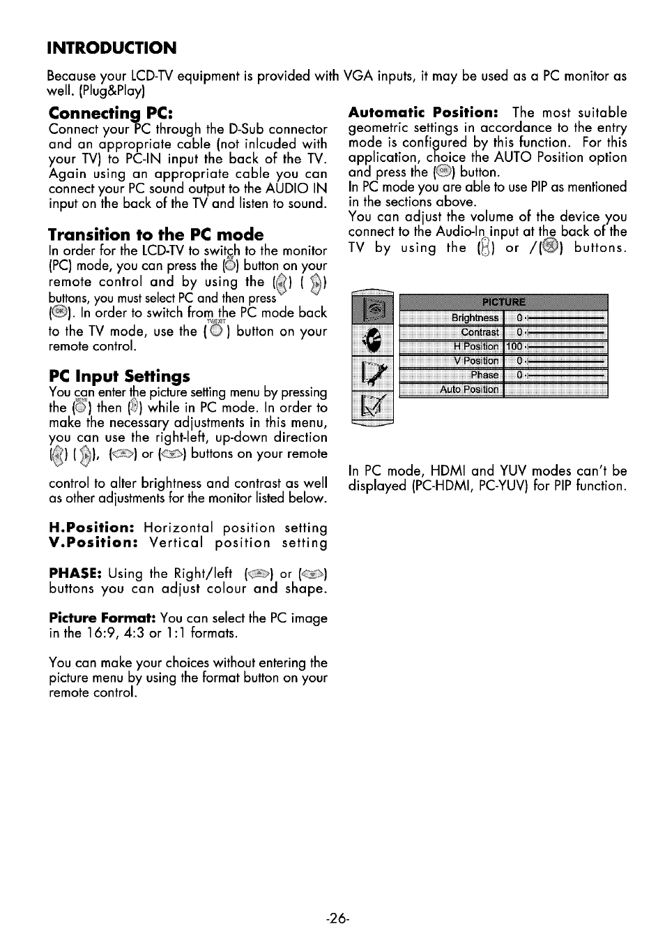 Introduction, Connecting pc, Transition to the pc mode | Pc input settings | Beko 32WLA530HID User Manual | Page 26 / 36