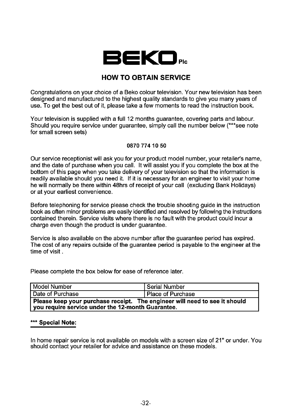 Bsko, How to obtain service | Beko 32WLA530HID User Manual | Page 32 / 36