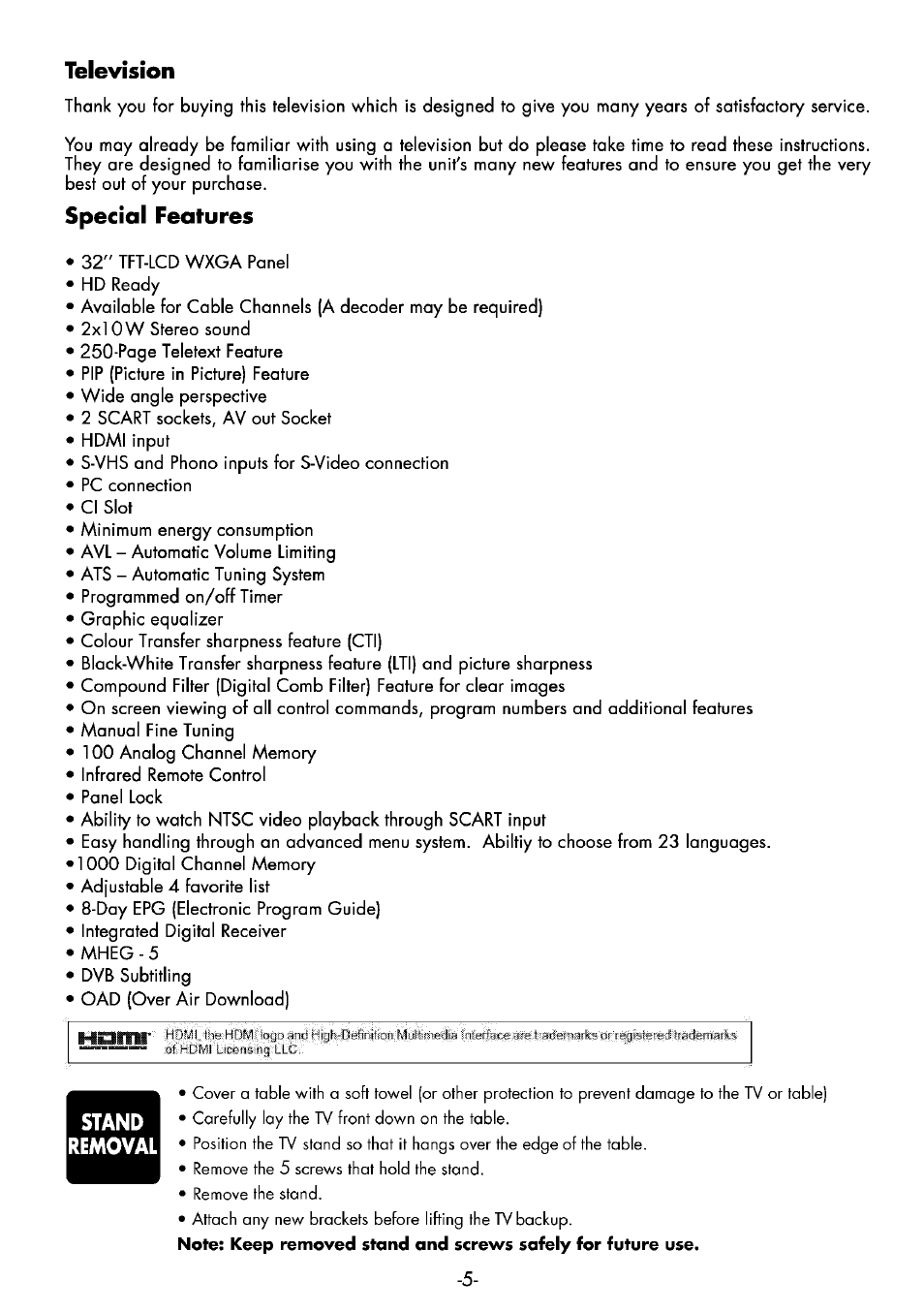 Television, Special features, Stand removal | Beko 32WLA530HID User Manual | Page 5 / 36