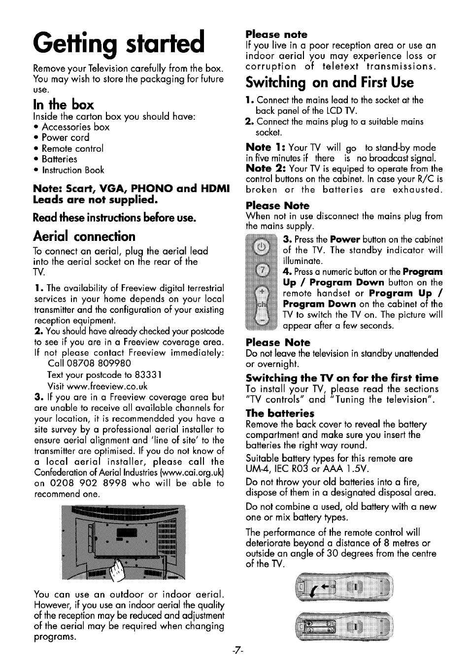 Read these instructions before use, Getting started, Aerial connection | Switching on and first use | Beko 32WLA530HID User Manual | Page 7 / 36