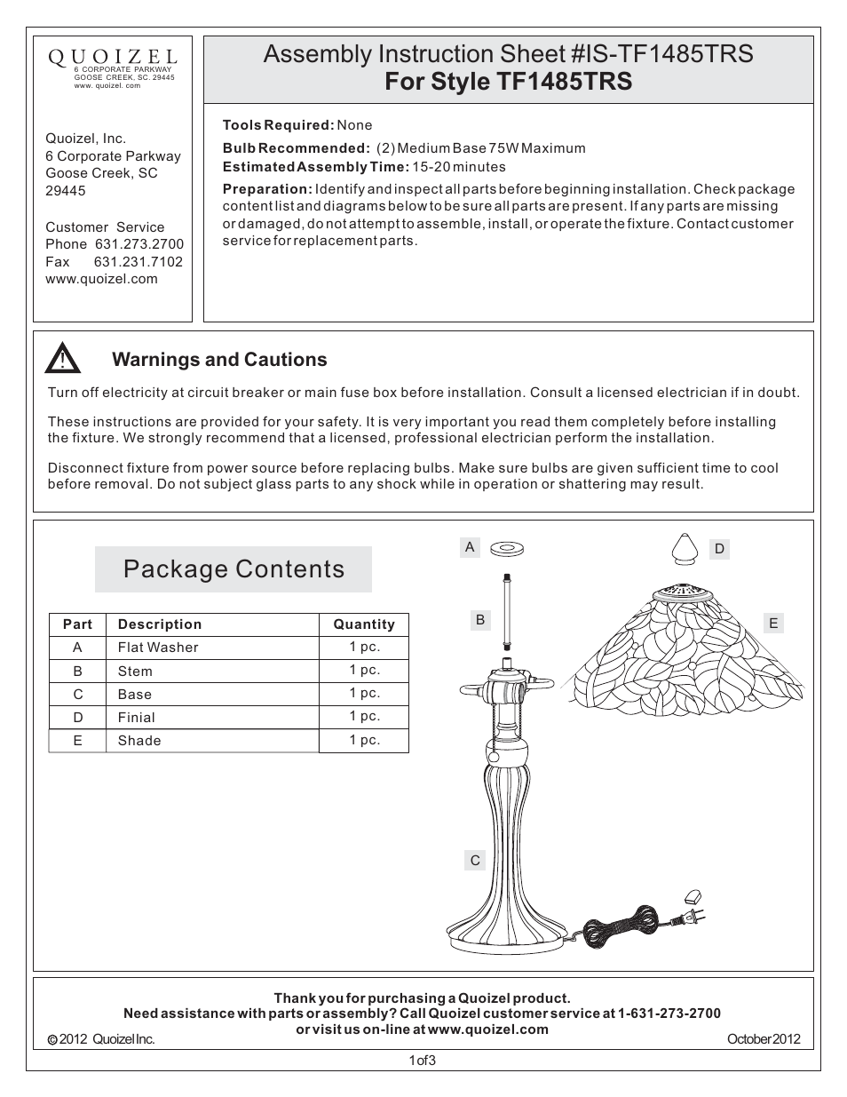 Quoizel TF1485TRS Tiffany User Manual | 3 pages