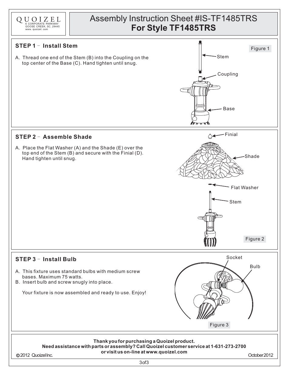 Quoizel TF1485TRS Tiffany User Manual | Page 3 / 3