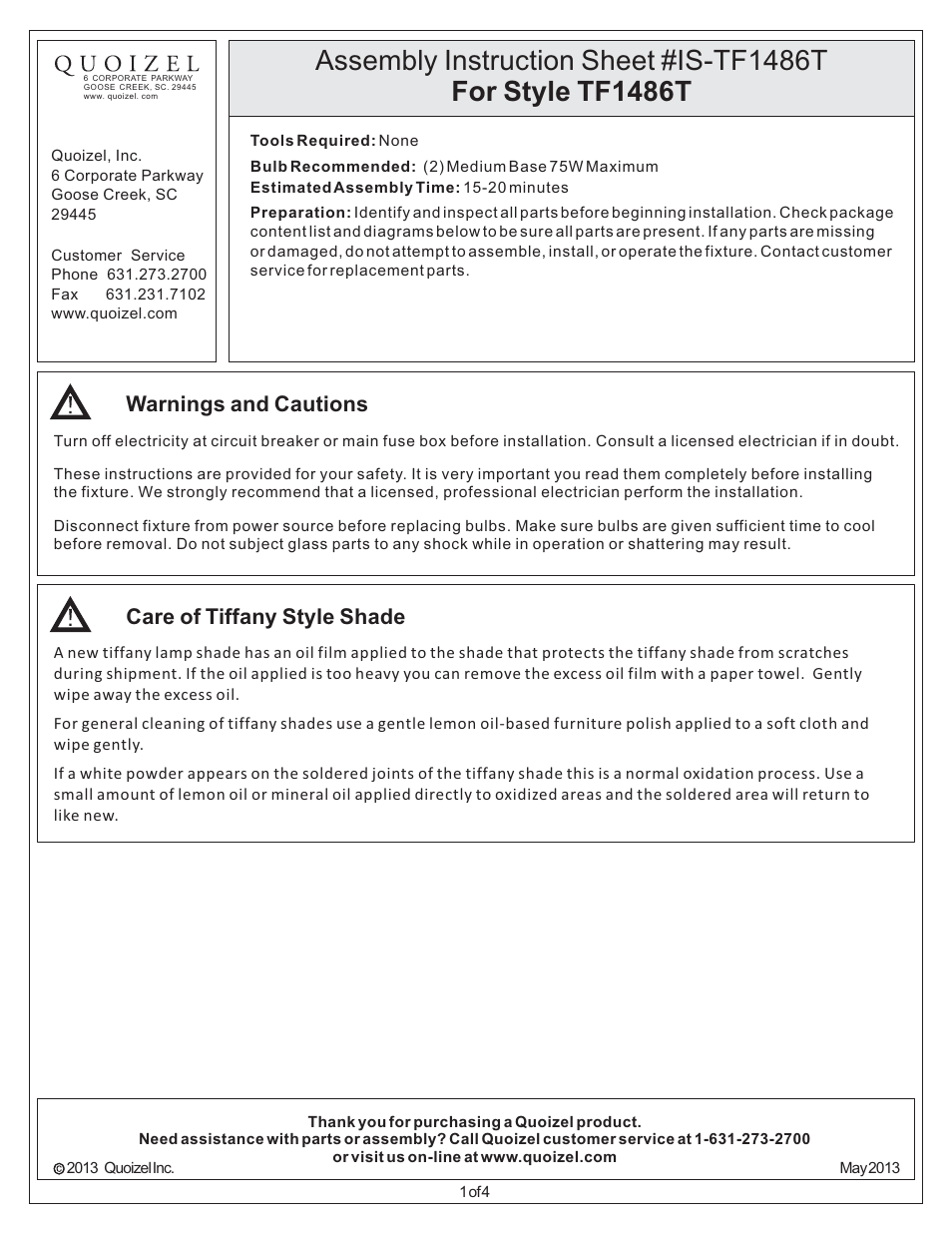 Quoizel TF1486T Tiffany User Manual | 4 pages