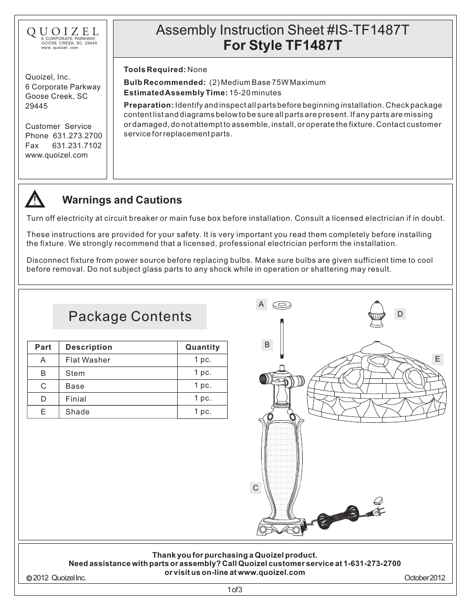 Quoizel TF1487T Tiffany User Manual | 3 pages