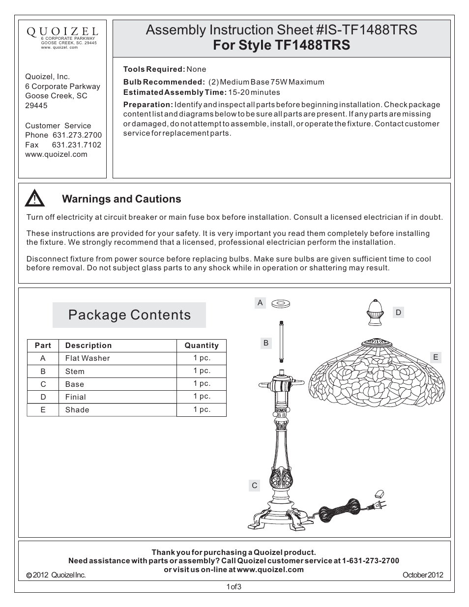 Quoizel TF1488TRS Tiffany User Manual | 3 pages