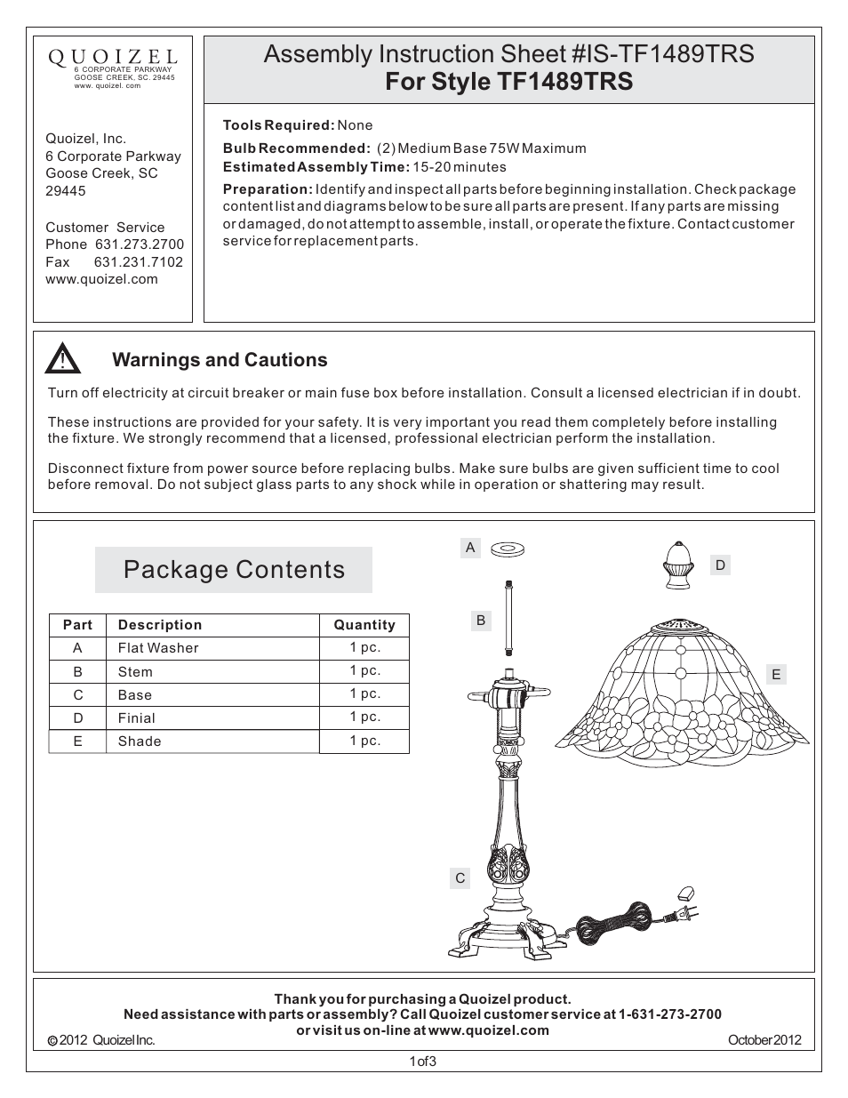 Quoizel TF1489TRS Tiffany User Manual | 3 pages