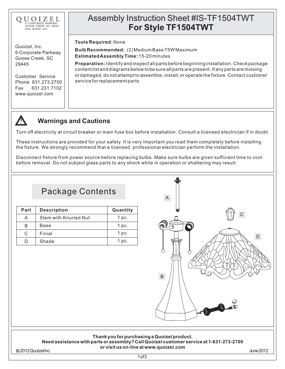 Quoizel TF1504TWT Tiffany User Manual | 3 pages