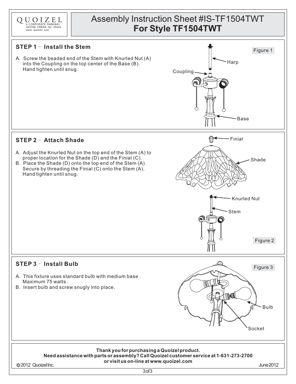 Quoizel TF1504TWT Tiffany User Manual | Page 3 / 3