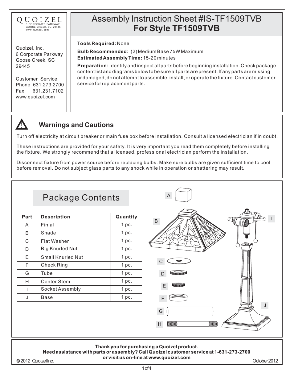 Quoizel TF1509TVB Tiffany User Manual | 4 pages