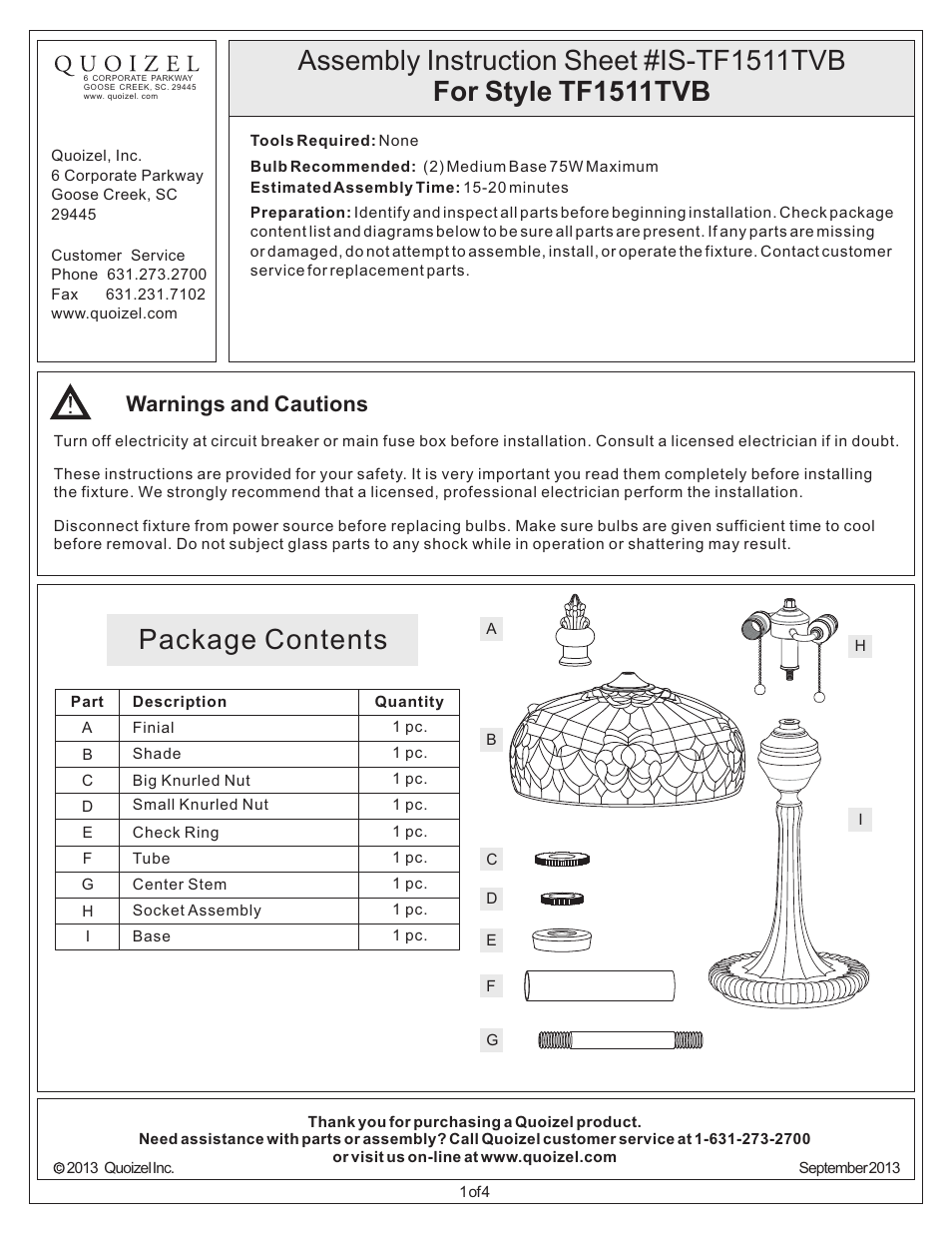 Quoizel TF1511TVB Tiffany User Manual | 4 pages