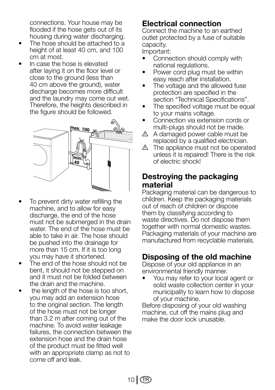 Electrical connection, Destroying the packaging material, Disposing of the old machine | Beko D1 7101 EM User Manual | Page 10 / 36
