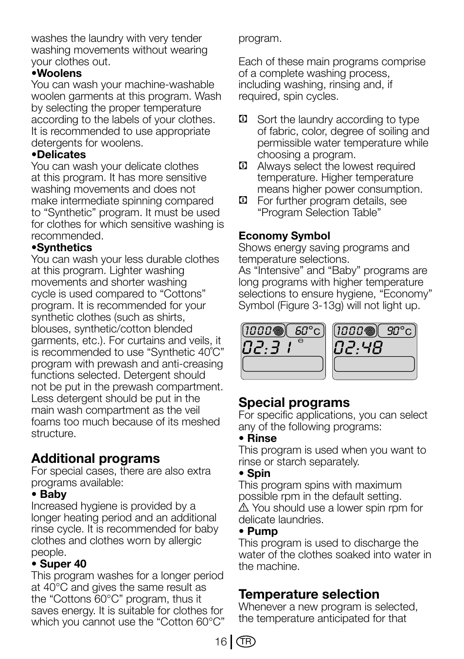 Additional programs, Special programs, Temperature selection | Beko D1 7101 EM User Manual | Page 16 / 36