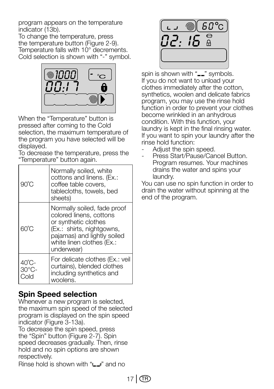 Spin speed selection | Beko D1 7101 EM User Manual | Page 17 / 36