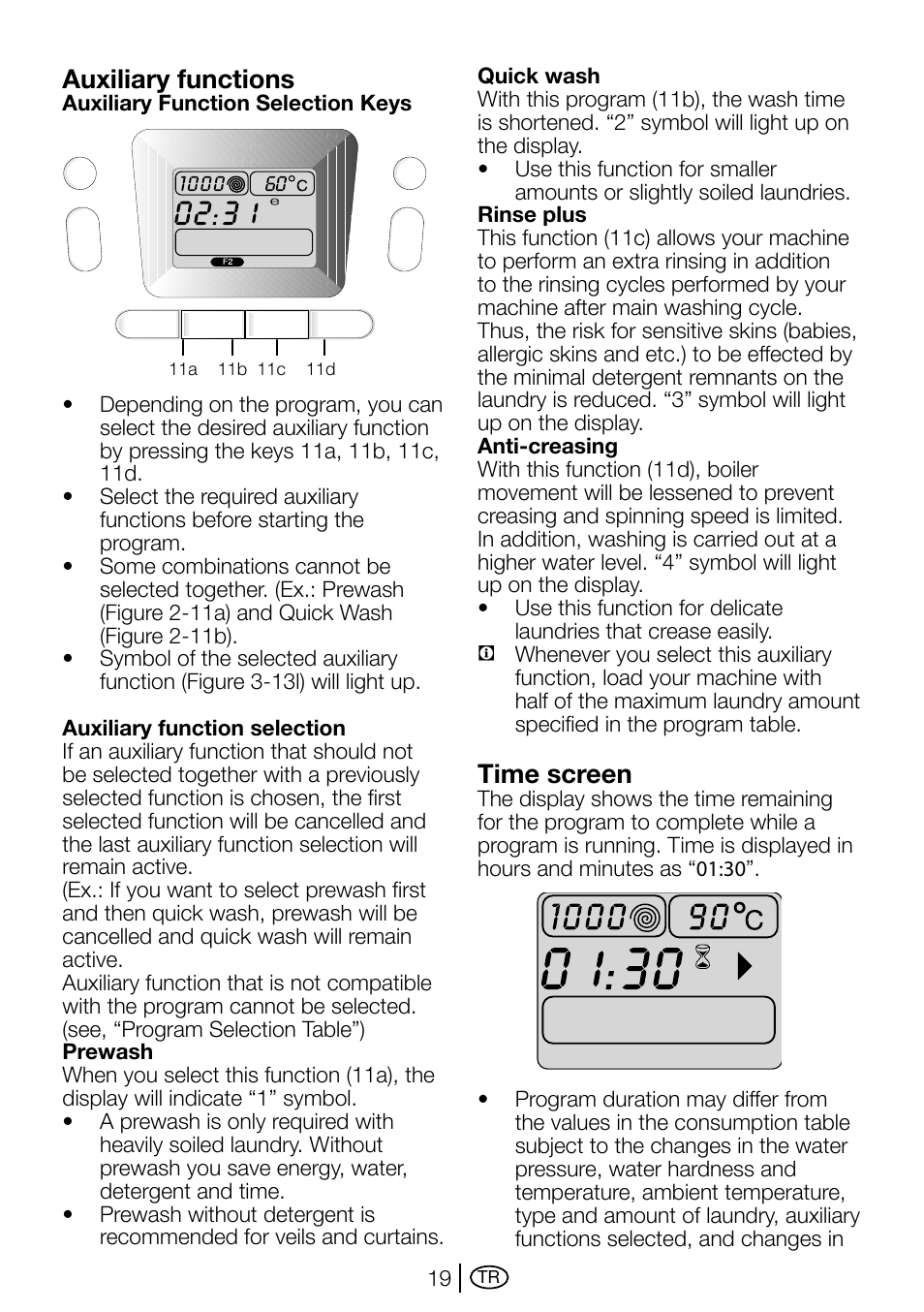 Auxiliary functions, Time screen | Beko D1 7101 EM User Manual | Page 19 / 36