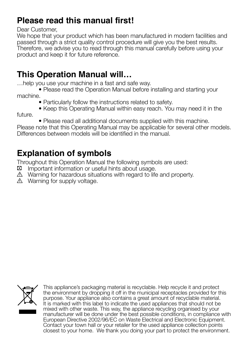 Please read this manual first, This operation manual will, Explanation of symbols | Beko D1 7101 EM User Manual | Page 2 / 36