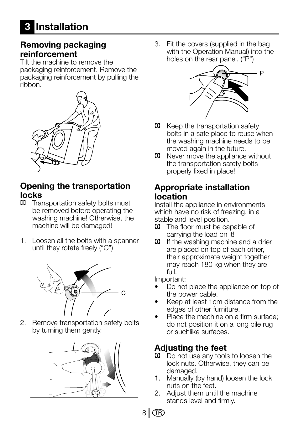 3 installation, Removing packaging reinforcement, Opening the transportation locks | Appropriate installation location, Adjusting the feet, 3installation | Beko D1 7101 EM User Manual | Page 8 / 36