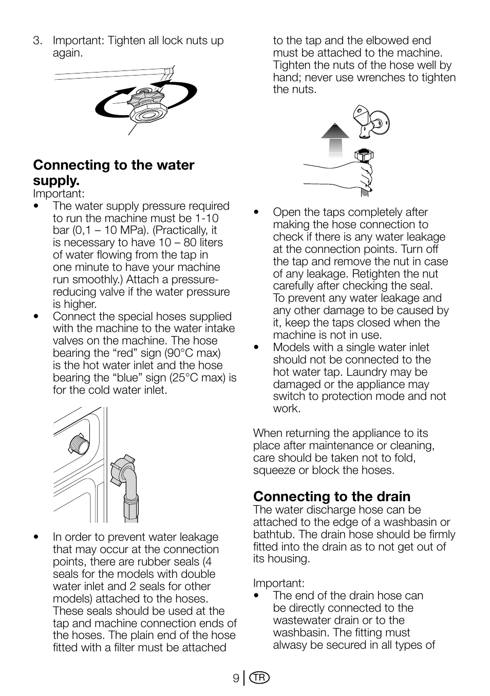 Ön hazırlık, Connecting to the water supply, Connecting to the drain | Beko D1 7101 EM User Manual | Page 9 / 36