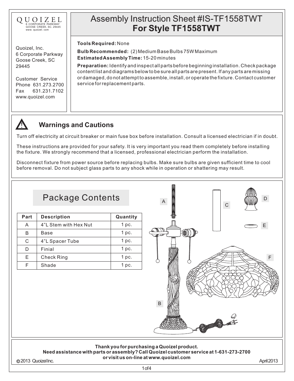 Quoizel TF1558TWT Tiffany User Manual | 4 pages