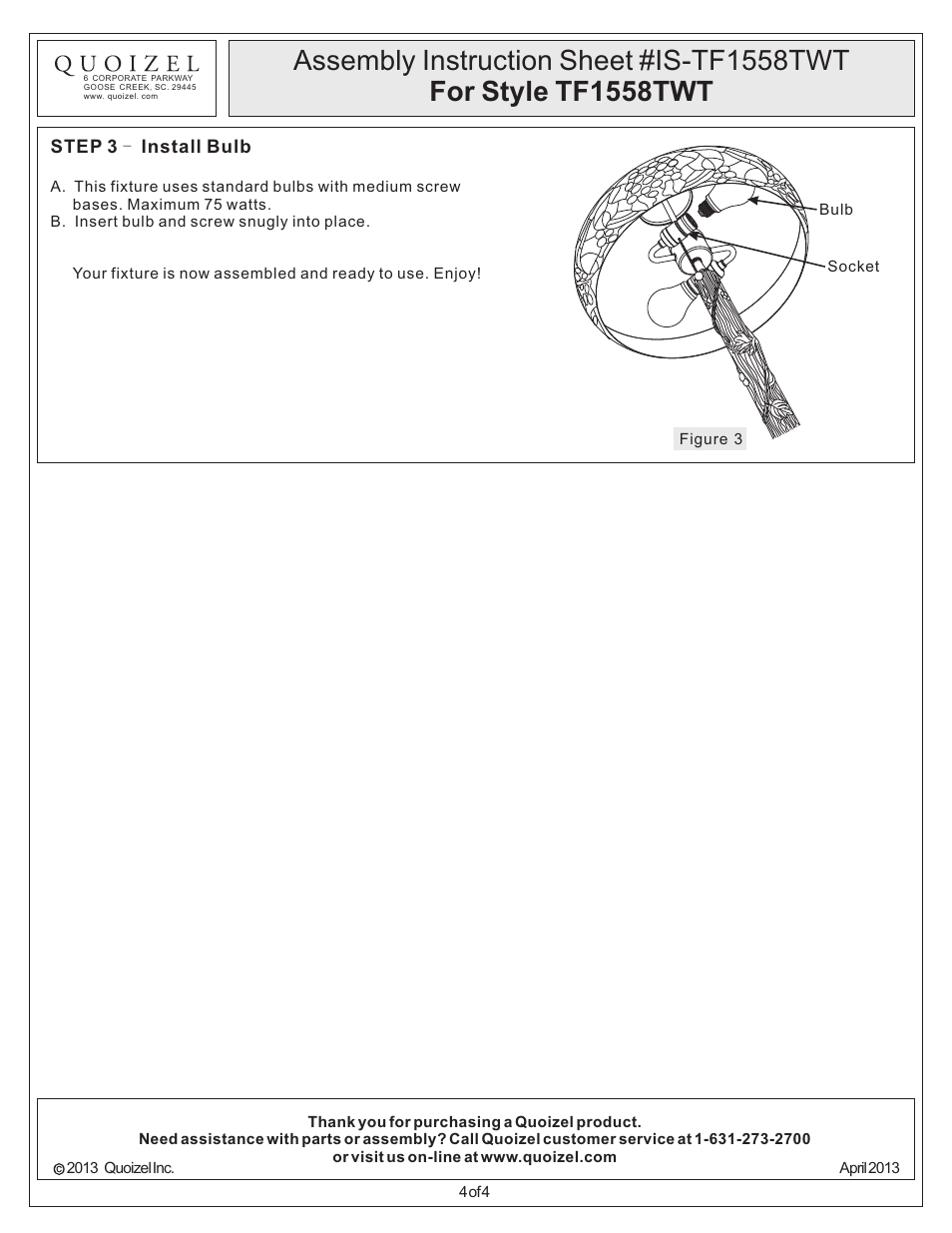 Quoizel TF1558TWT Tiffany User Manual | Page 4 / 4