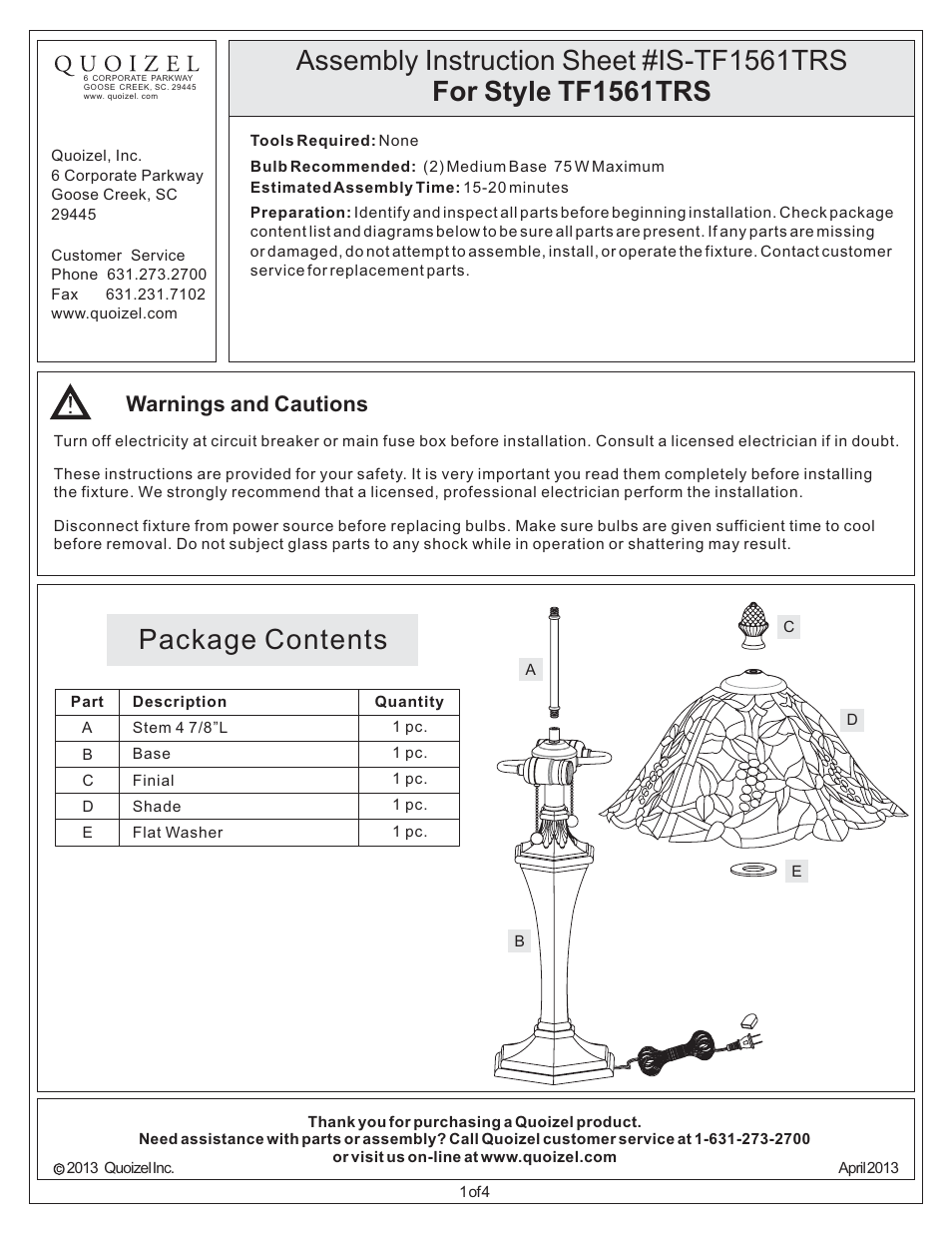 Quoizel TF1561TRS Tiffany User Manual | 4 pages