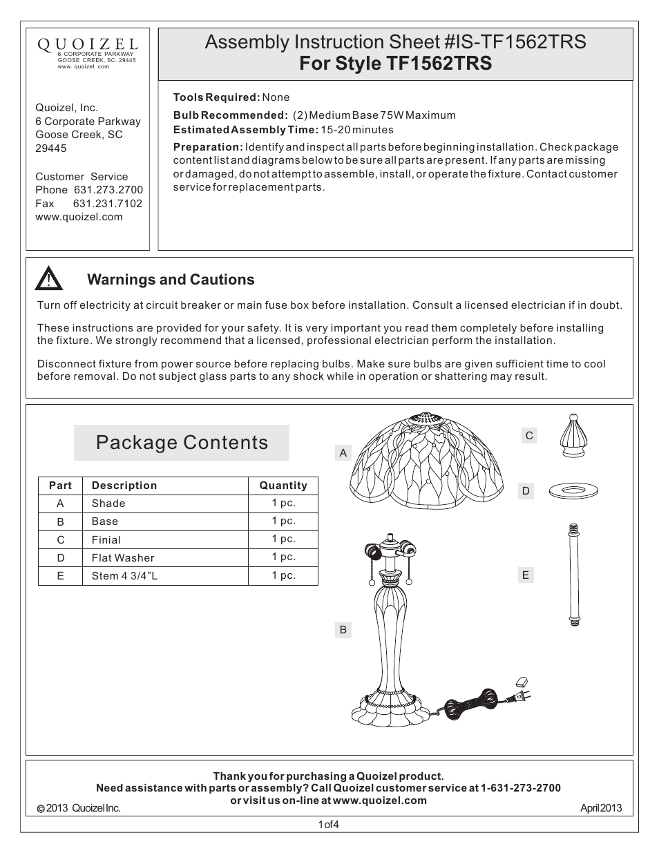 Quoizel TF1562TRS Tiffany User Manual | 4 pages