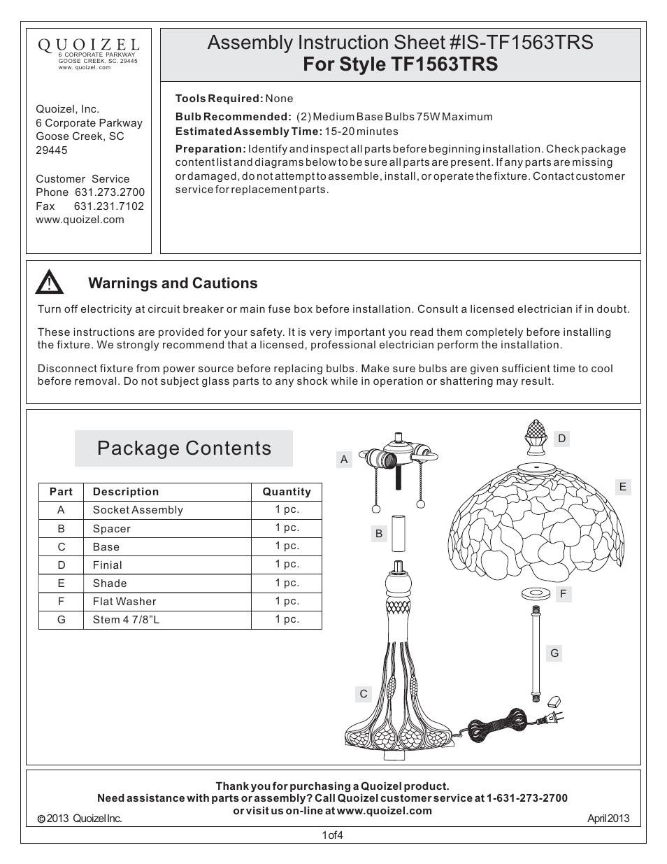 Quoizel TF1563TRS Tiffany User Manual | 4 pages