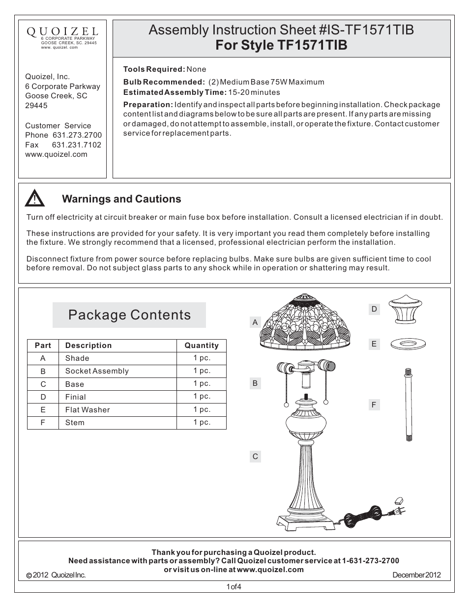 Quoizel TF1571TIB Tiffany User Manual | 4 pages