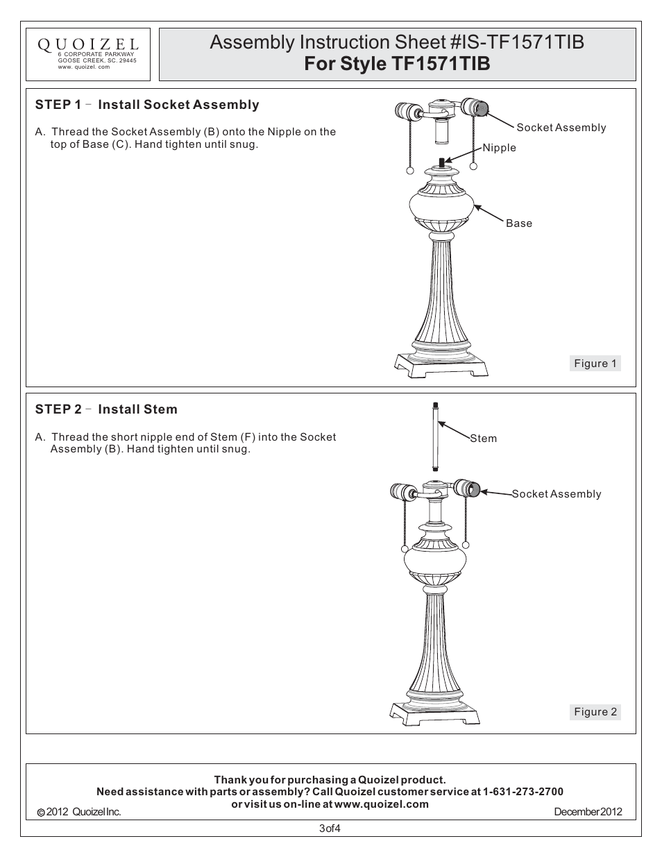 Quoizel TF1571TIB Tiffany User Manual | Page 3 / 4